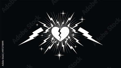 Powerful black and white illustration of a broken heart surrounded by radiant light rays and two large symmetrical lightning bolts on black.