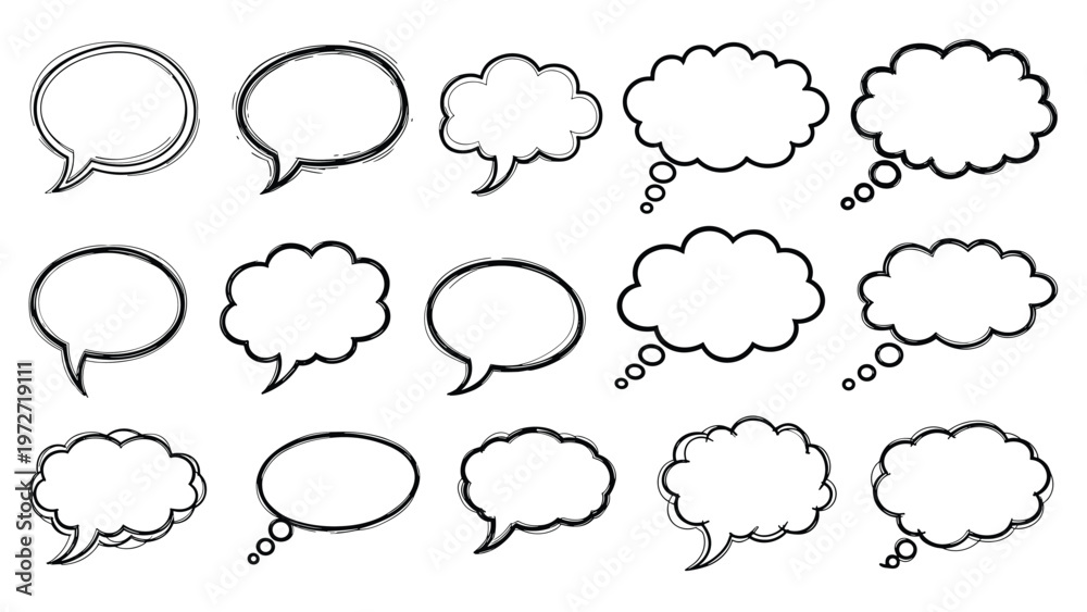 Fototapeta premium Set of diverse empty speech and thought bubbles with sketchy black outlines and different shapes on a plain white background.
