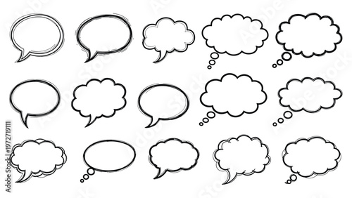 Set of diverse empty speech and thought bubbles with sketchy black outlines and different shapes on a plain white background.