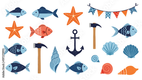 Collection of nautical and marine themed illustrations including fish starfish shells an anchor and hammers on white background.