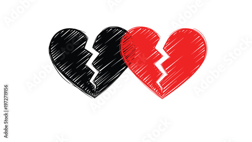 Two halves of a broken heart in black and red colors drawn with a scribble texture to represent sadness and loss.