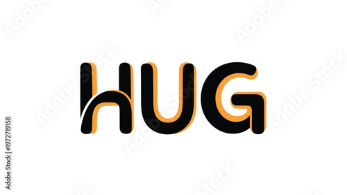 Stylized text word hug in black with an orange shadow on a white background to convey affection and warmth for greetings.