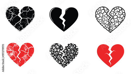 Collection of broken heart icons in different styles including cracked and textured designs for emotional and romantic themes.