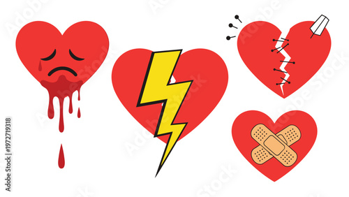 Collection of broken heart symbols depicting various states of heartbreak including sadness and healing with bandages and pins.