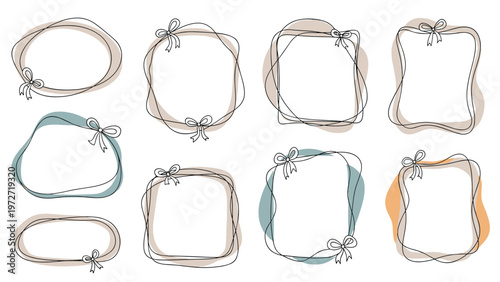 Set of hand-drawn loose frames in various shapes with small bows and soft colored spots for labels and text space.