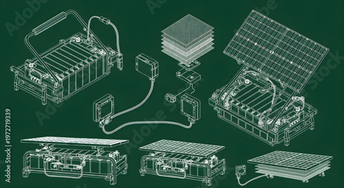 Solar Car Battery System AutoCAD Blueprint Vector – Electric Vehicle Energy Storage Multiview Technical Drawing White Outline on Dark Green