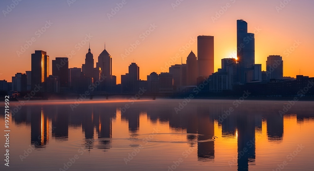 Obraz premium USA, US, U.S, United States - City Skyline Sunset Photo | Silhouette Urban View With Water Reflections | Orange Purple Glow Architecture | Atmospheric Cityscape Wall Art Print 