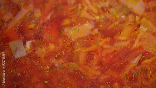 Colorful meat and vegetable stew. Vivid red broth with tender ingredients served hot. Temperaturerich bowl of rustic vegetables and succulent meats served fresh