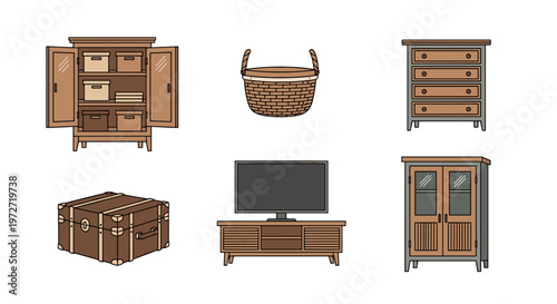 Collection of vintage-style wooden furniture and storage items on a white background