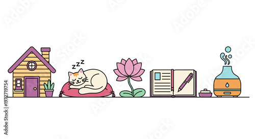 Cozy home scene with sleeping cat, lotus flower, journal, and essential oil diffuser