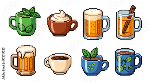 Pixel art collection of various drinks in mugs and glasses, perfect for games