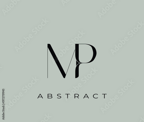Abstract logo design with MP letters and text on gray background