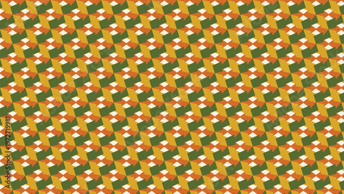 Seamless geometric pattern, an abstract 3D optical illusion design with vibrant retro colors: mustard yellow, olive green, burnt orange, and cream. Perfect for modern backgrounds, elegant