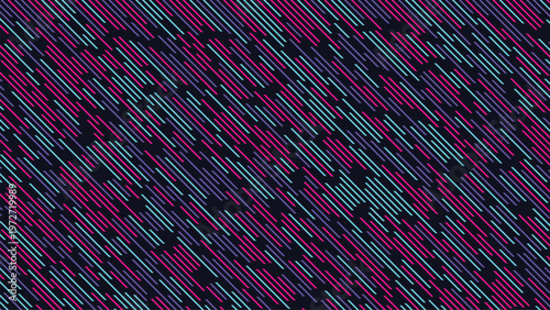 Abstract seamless pattern with vibrant diagonal lines on a dark background, featuring dynamic neon pink, electric blue, and purple dashes, creating a modern digital texture for futuristic