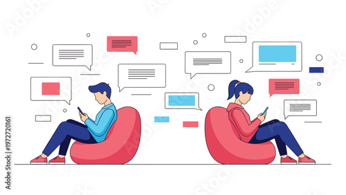 Two people sitting in bean bag chairs while using their smartphones are surrounded by colorful speech bubbles in a modern communication scene.
