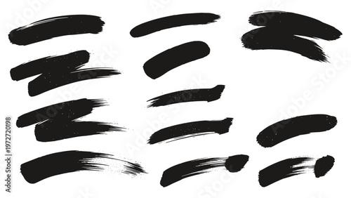 Diverse collection of thick and bold black ink brush strokes showing varied movement, speed, and artistic textures.