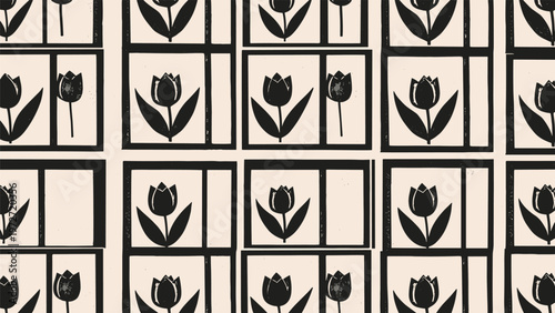 Modern seamless pattern featuring black tulip silhouettes enclosed in grid like frames on a light neutral background.