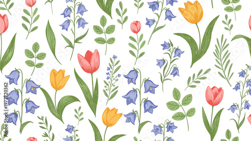 Vibrant seamless pattern of colorful wildflowers tulips and bluebells in a hand drawn style for spring and summer themes.