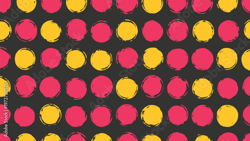 Modern seamless pattern featuring repetitive hand drawn red and yellow circles with a textured finish on dark grey.