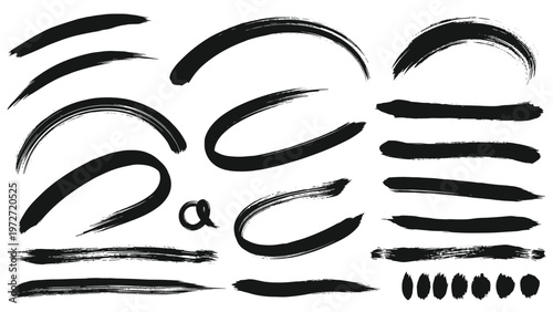Selection of expressive black brush strokes and paint marks providing versatile artistic elements for graphic design.
