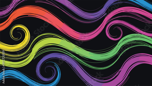 Dynamic abstract background with vibrant colorful flowing brush strokes and curls on a dark canvas for high impact design.