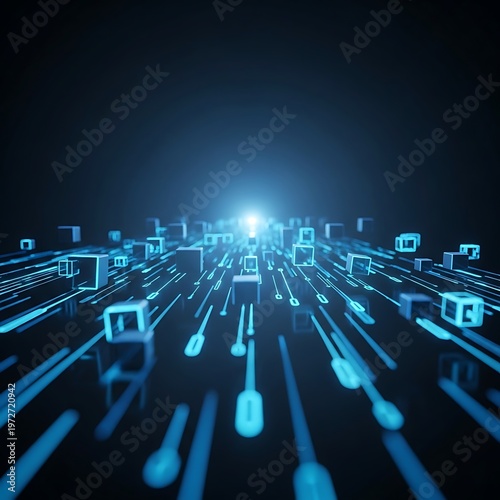 A futuristic view of a network of data blocks and lines glowing with light. This image shows the concept of a complex network.