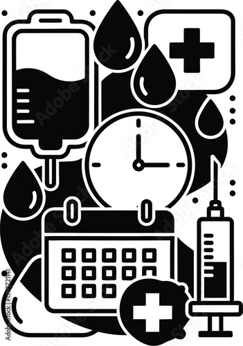 World blood donor day vector healthcare icons blood bag syringe clock and calendar illustration