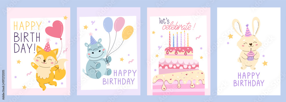 Fototapeta premium Birthday cards set with animals and cake. Flat cartoon invitation collection for kids party, celebration and nursery. Handdrawn festive backgrounds with cute fox, bunny, hippo and balloons