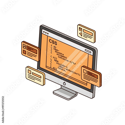 A computer screen displaying CSS code with floating windows representing web elements.