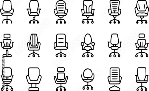 Office Chair Icon Set with Different Ergonomic Designs Line Art Minimalist Furniture Symbol Illustration