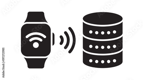 Smartwatch Cloud Sync Icon Connecting to Database for Wireless Data Synchronization and Wearable Technology