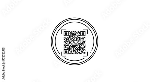 A circular frame encompasses a detailed square quick response code
