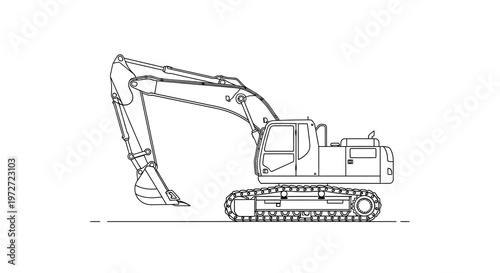 Line drawing of a heavy excavator machine on a ground level
