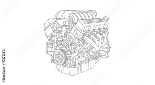 Detailed line drawing of a powerful v8 engine automotive illustration