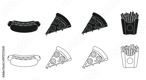 Fast food icons hot dogs pizza slices and french fries in black and white