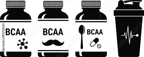 BCAA supplement icons set, protein powder containers and shaker bottle, fitness nutrition symbols, gym health vector illustration, bodybuilding supplement design collection