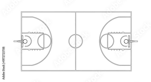 Overhead view of a basketball court with key markings and hoops