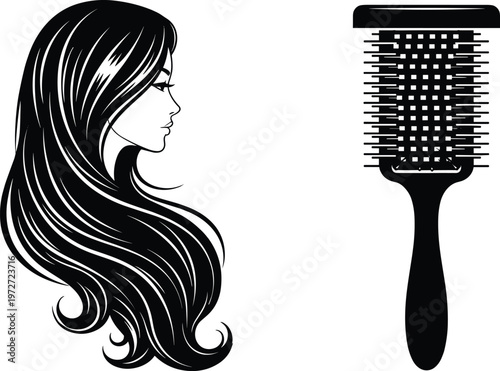 beautiful long hair woman silhouette, hairbrush icon, beauty salon concept, hairstyle care, fashion illustration, feminine profile, grooming accessory