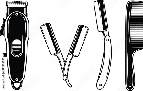 barber tools set illustration, hair clipper razor comb, grooming equipment, hairstylist accessories, salon essentials, shaving kit, professional haircut tools