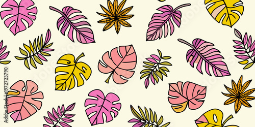 Colorful tropical leaves pattern with monstera palm and fern foliage in a hand drawn illustration style on a cream background