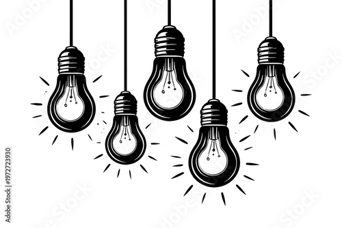 Abstract High Contrast Hanging Light Bulb Filaments in Stencil Style for Modern Design, Minimalist Black and White Vector Illustration Representing Creativity, Innovation, and Bright New Ideas