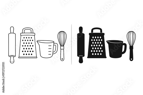 Set of black and white kitchen utensil icons featuring a rolling pin, cheese grater, measuring cup, and wire whisk in both outline and solid silhouette styles for cooking and baking designs.
