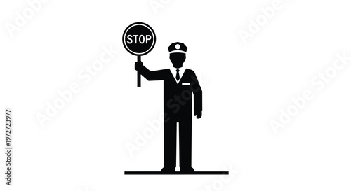 A stylized illustration of a traffic officer holding a stop sign