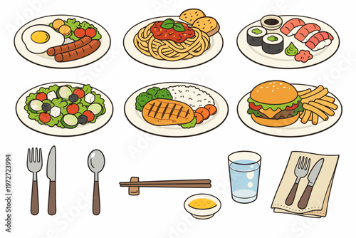 Hand Drawn Vector Illustration Set of Various Delicious Food Plates and Dining Utensils Featuring Breakfast, Spaghetti, Sushi, Greek Salad, Grilled Chicken with Rice, Cheeseburger, Fries, Cutlery.