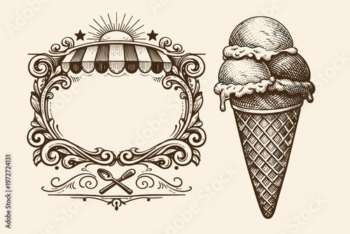 Vintage Engraved Ice Cream Parlor Sign and Waffle Cone Sketch for Retro Design. Hand Drawn Woodcut Style Illustration of a Decorative Frame with Awning and Three Scoops of Ice Cream in a Cone.