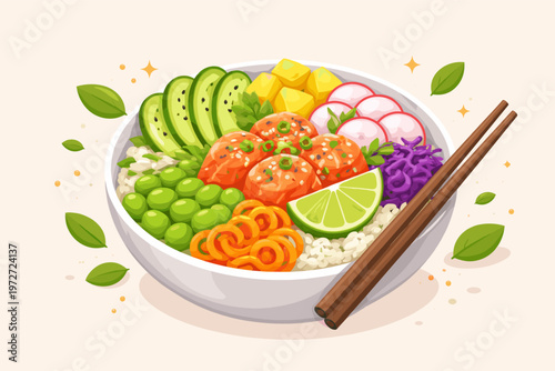 Healthy Poke Bowl Vector Illustration Featuring Fresh Salmon, Avocado, Rice, Edamame, Radish, Mango, Red Cabbage, Lime, and Chopsticks. Vibrant Flat Design for Food Menu, Restaurant, and Wellness.