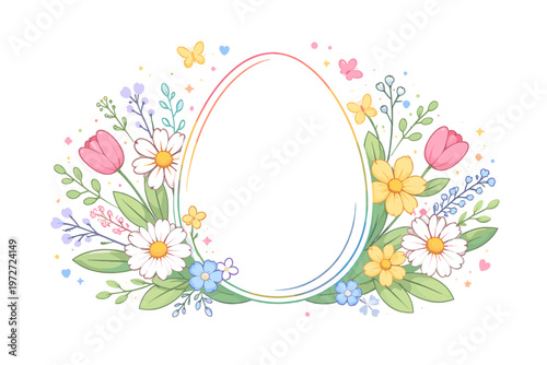 Happy Easter Greeting Card Template with Floral Frame and Egg Shape. Beautiful Springtime Illustration with Daisies, Tulips, Butterflies, and Pastel Flowers for Social Media Post and Web Banner.