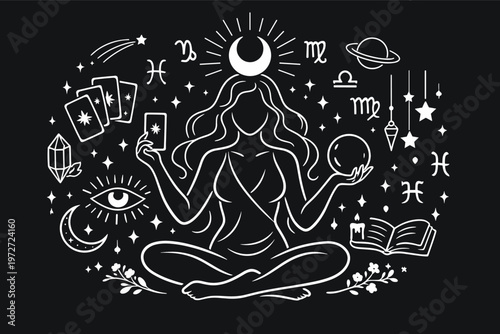 Celestial Goddess Illustration with Woman in Meditation, Featuring Zodiac Signs, Tarot Cards, Crystal Ball, Moon, and Stars, Esoteric Mystical Line Art for Astrology and Spiritual Female Power.