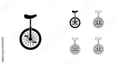 Black and white illustration of various unicycle perspectives and angles