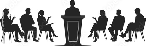 Silhouette of a speaker at a podium addressing an audience seated in chairs during a conference or debate